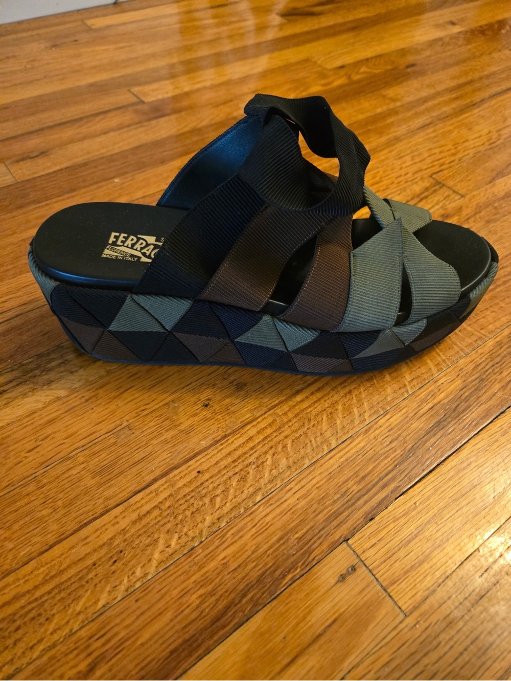 Salvatore Ferragamo Green and Black Platform Wedge Mules